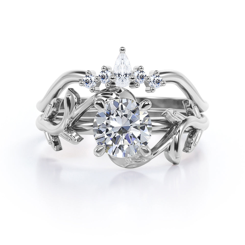 Chevron crown 1.15 carat Round cut Moissanite and diamond nature inspired wedding ring set in White gold