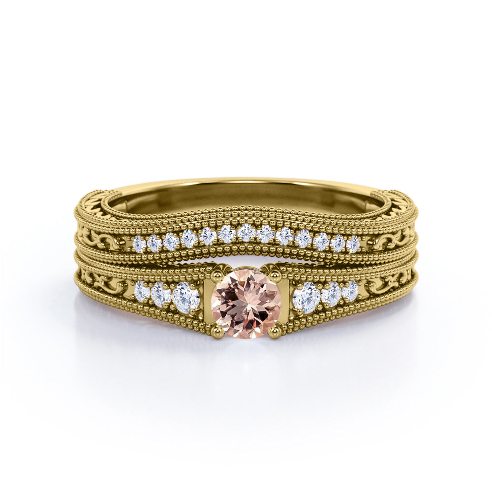 Contoured Milgrain 0.75 carat Round cut Peach Morganite and diamond floral filigree Bridal set for women in Yellow gold