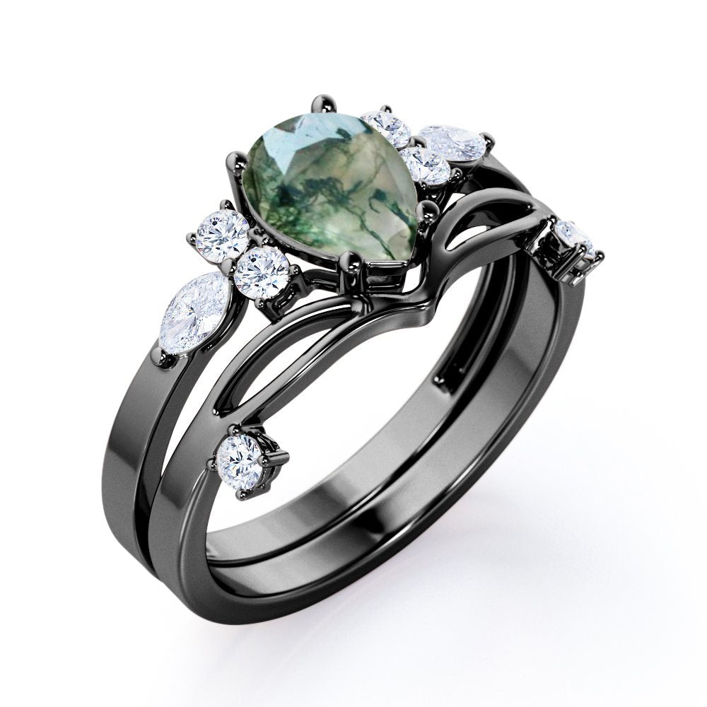 Beveled Chevron 1.25 carat Pear cut Moss Green Agate and diamond Split shank wedding ring set in Black gold