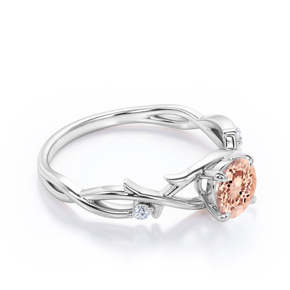 Branchlet 1 carat Round cut Morganite and diamond claw prong engagement ring for women in White gold