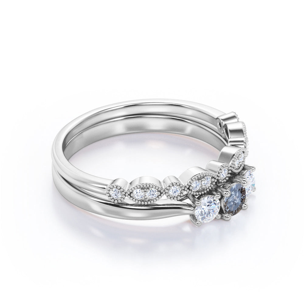 Three stone Milgrain 0.75 carat Round cut salt and pepper diamond and white diamond wedding ring set for women in white gold