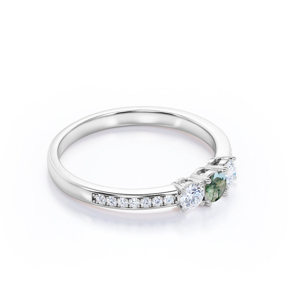 Elegant triple stone 0.8 carat Round cut Moss Green Agate and diamond channel setting engagement ring in White gold
