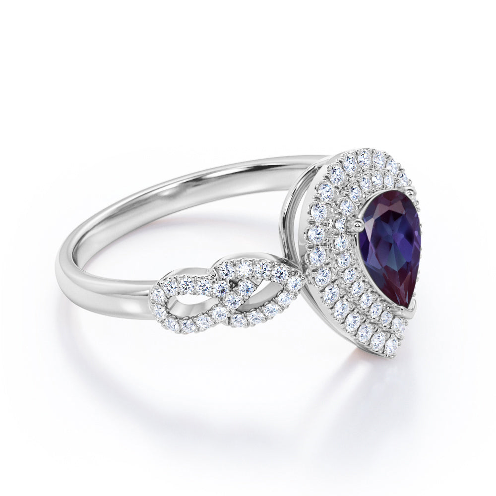 Floral leaf inspired 1.75 carat Pear cut Lab created Alexandrite and diamond double halo engagement ring in White gold