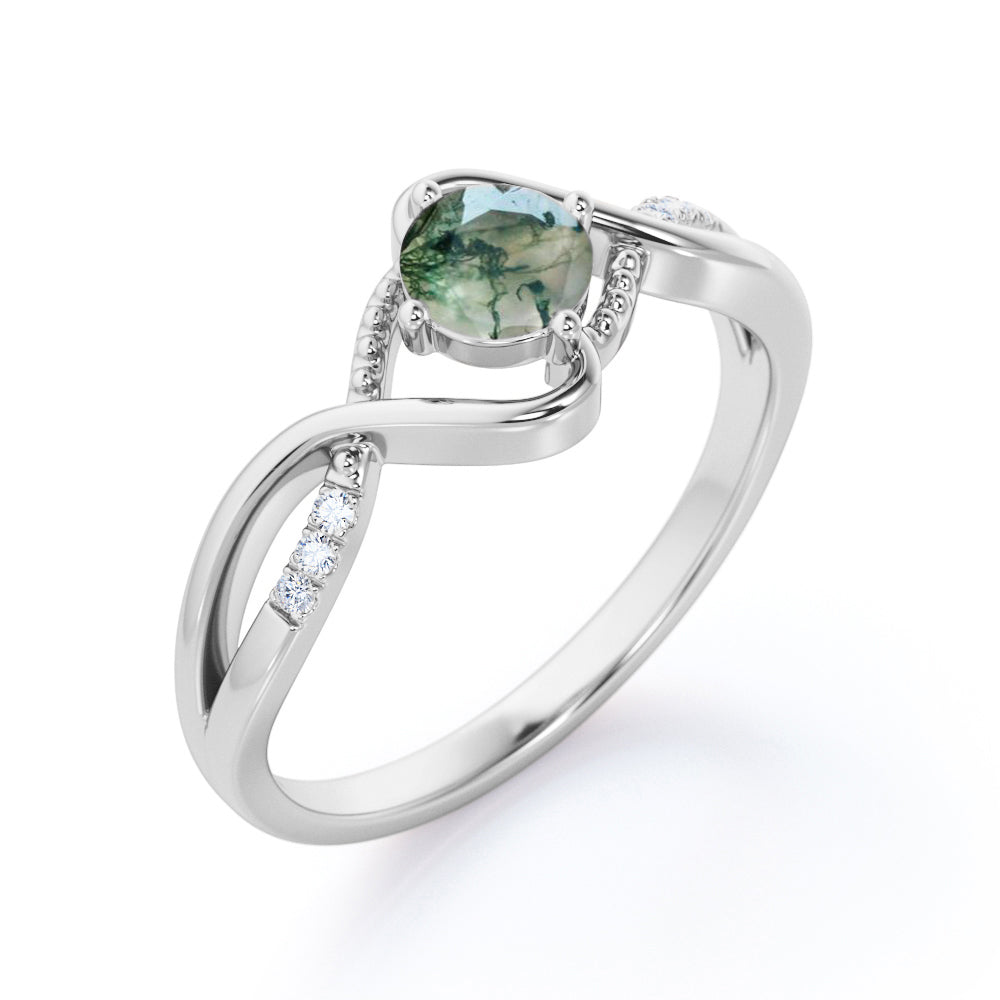 Infinity shank 1.15 carat Round cut Moss Green Agate and diamond milgrain engagement ring in White gold