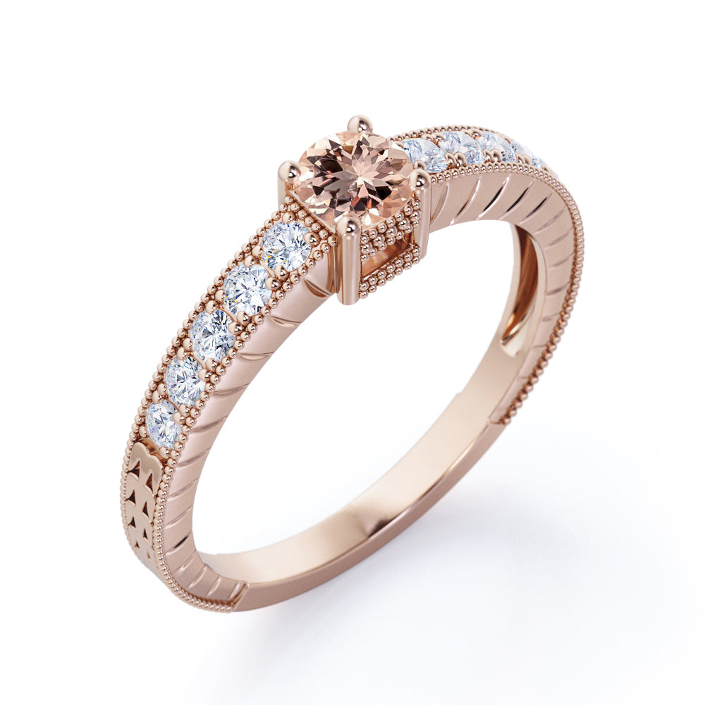 Art deco Milgrain 0.75 carat Round cut Peach Morganite and diamond basket set engagement ring in Rose gold-Anniversary rings