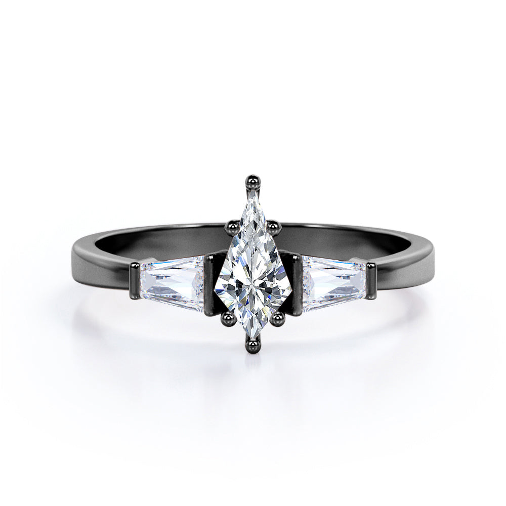 Eccentric 1.2 carat Kite shaped Moissanite and diamond art deco baguette engagement ring in Black gold
