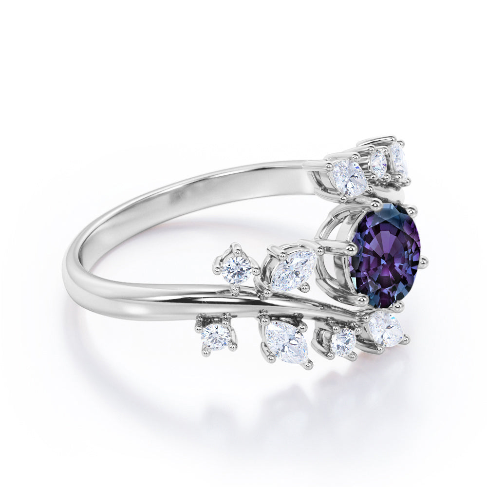 Art Nouveau 1.25 carat Round cut Alexandrite and diamond floral inspired engagement ring in White gold