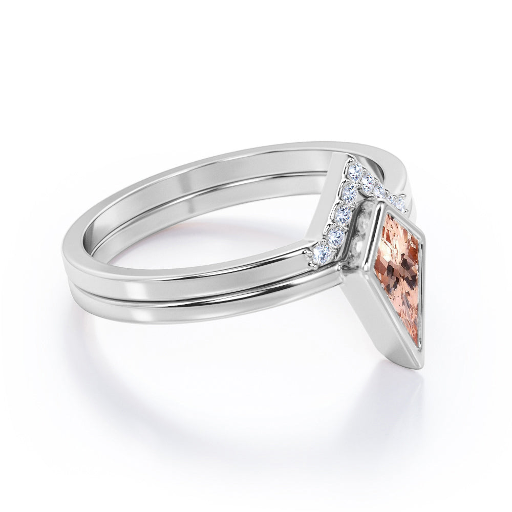 Bezel and tiara chevron 1.15 carat Kite shaped Morganite and diamond vintage Bridal set for women in White gold