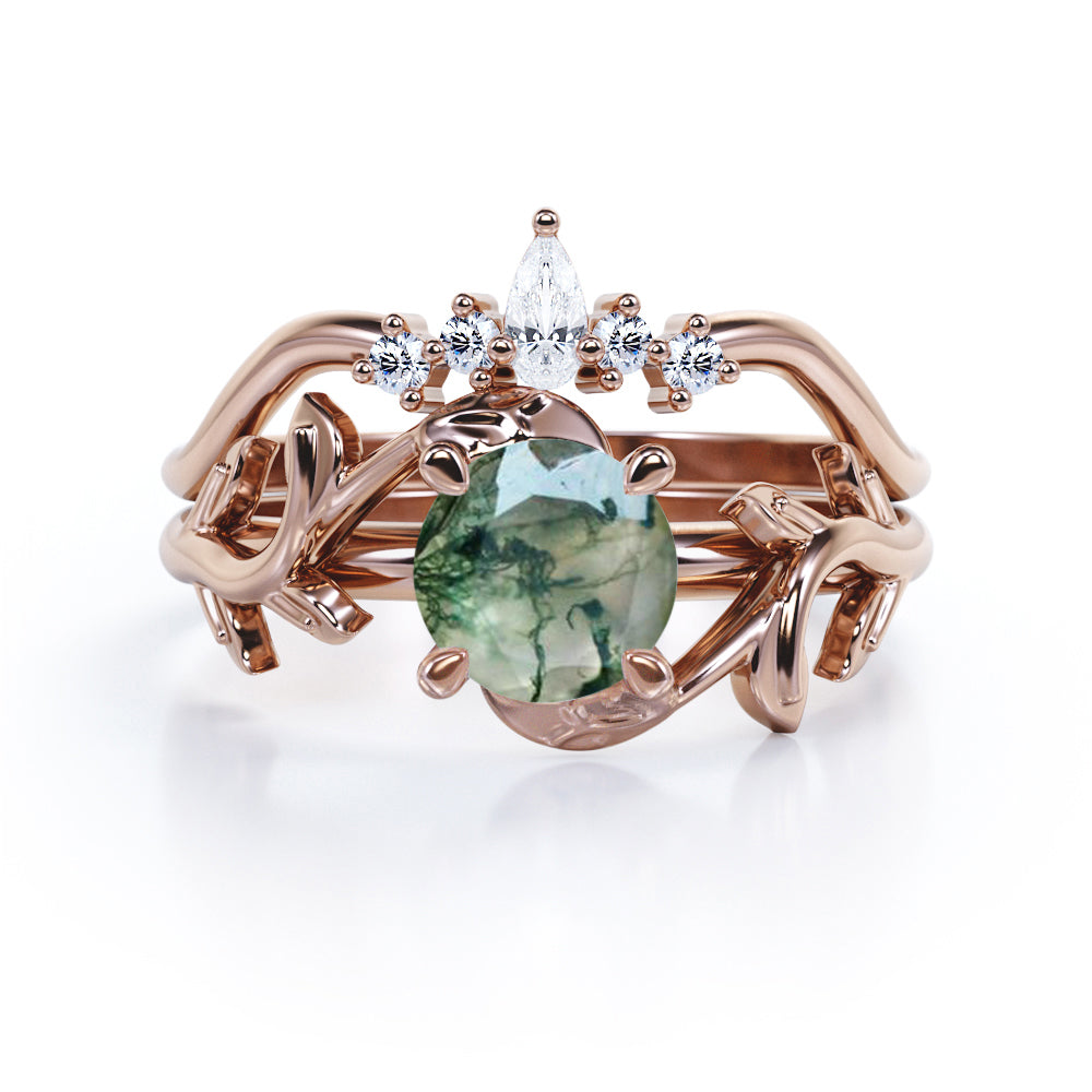 Earthy Tiara style 1.2 carat Round cut Moss Green Agate and diamond nature inspired wedding ring set in Rose gold