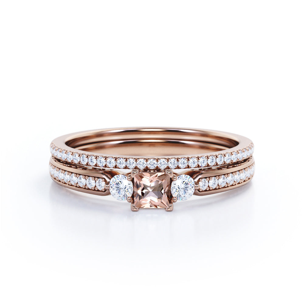 Antique trio 1 carat Princess cut Pink Morganite and pave diamonds eternity wedding ring set for her in Rose gold