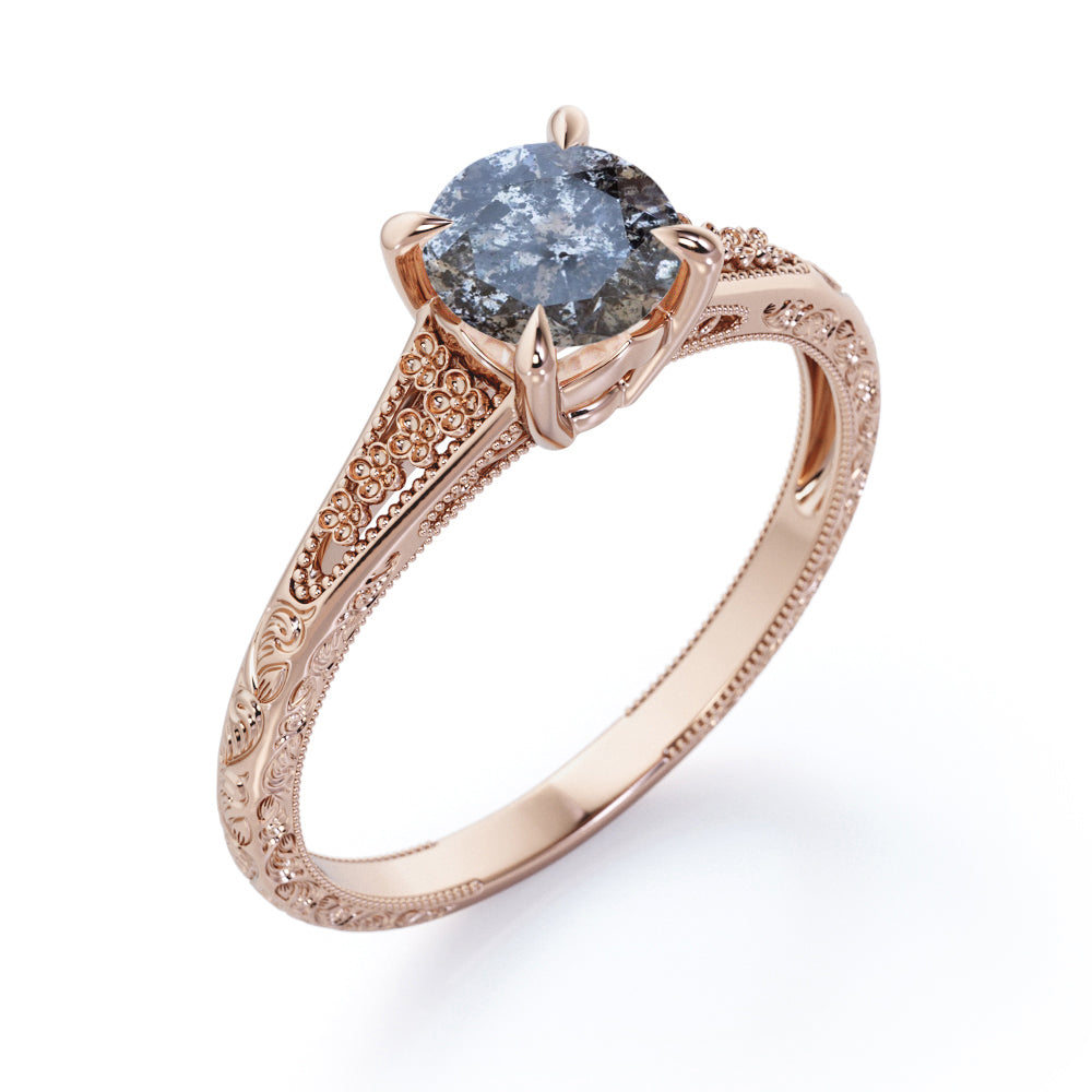 Floral Split Shank 0.5 carat Round cut Salt and pepper diamond earthy engagement ring in Rose gold