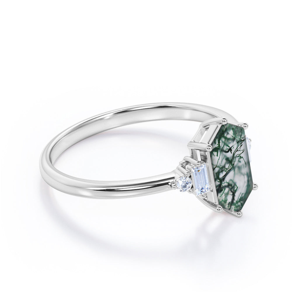 Eccentric 5 stones 1.1 carat Hexagon shaped Moss Green Agate and diamond anniversary ring in White gold