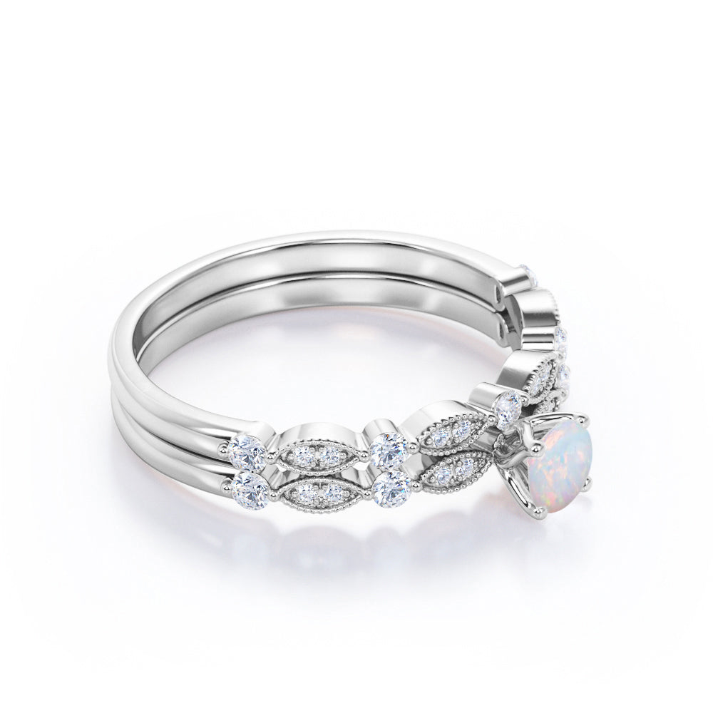 Magnificent Milgrain 1.25 carat Round cut Opal and diamond art deco wedding ring set for women in White gold