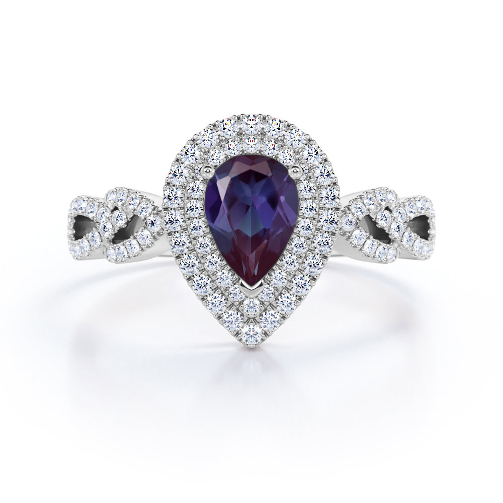 Floral leaf inspired 1.75 carat Pear cut Lab created Alexandrite and diamond double halo engagement ring in White gold