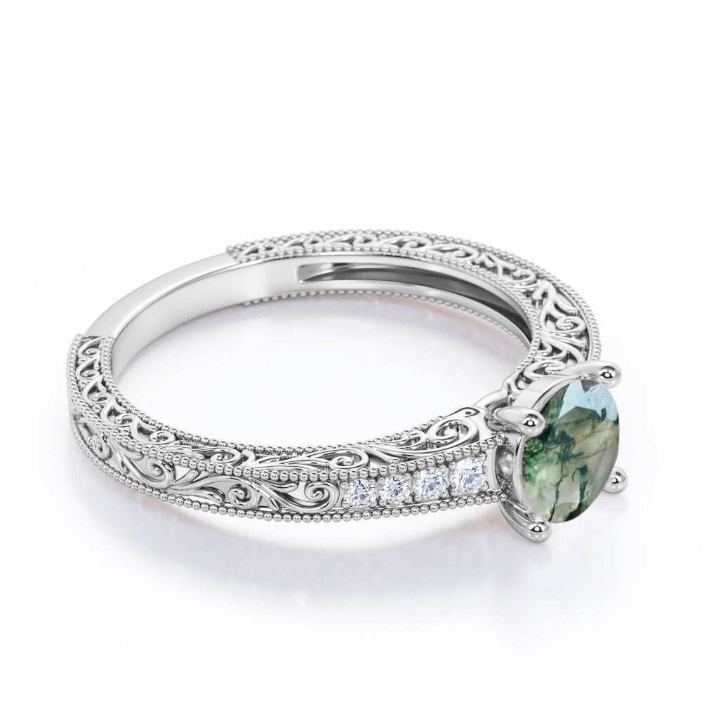 Aesthetic Victorian Scrollwork 1.25 carat Round cut Moss Green Agate and diamond engagement ring in White gold