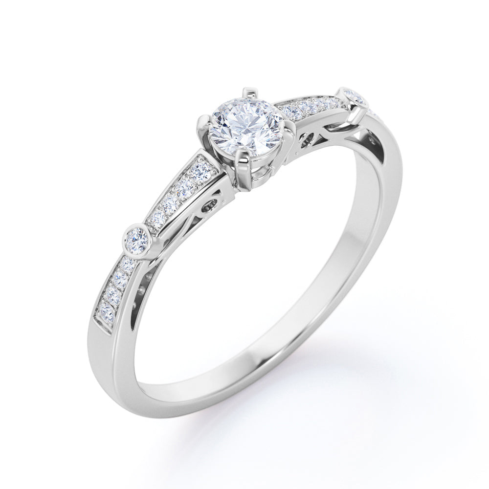 Elegant Baguette style 0.75 carat Round cut Moissanite and diamond channel setting engagement ring in White gold