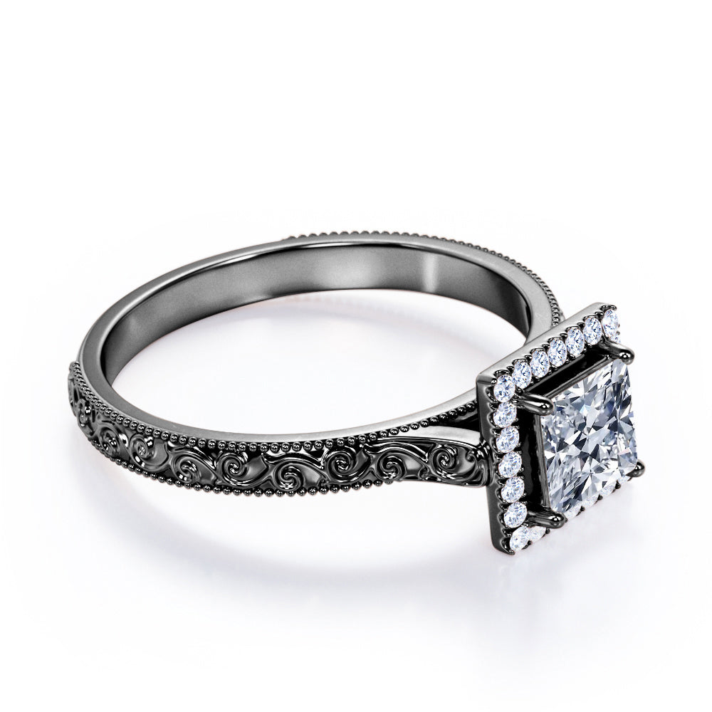 1.15 carat Princess cut Moissanite and diamond vintage filigree engagement ring in Black gold