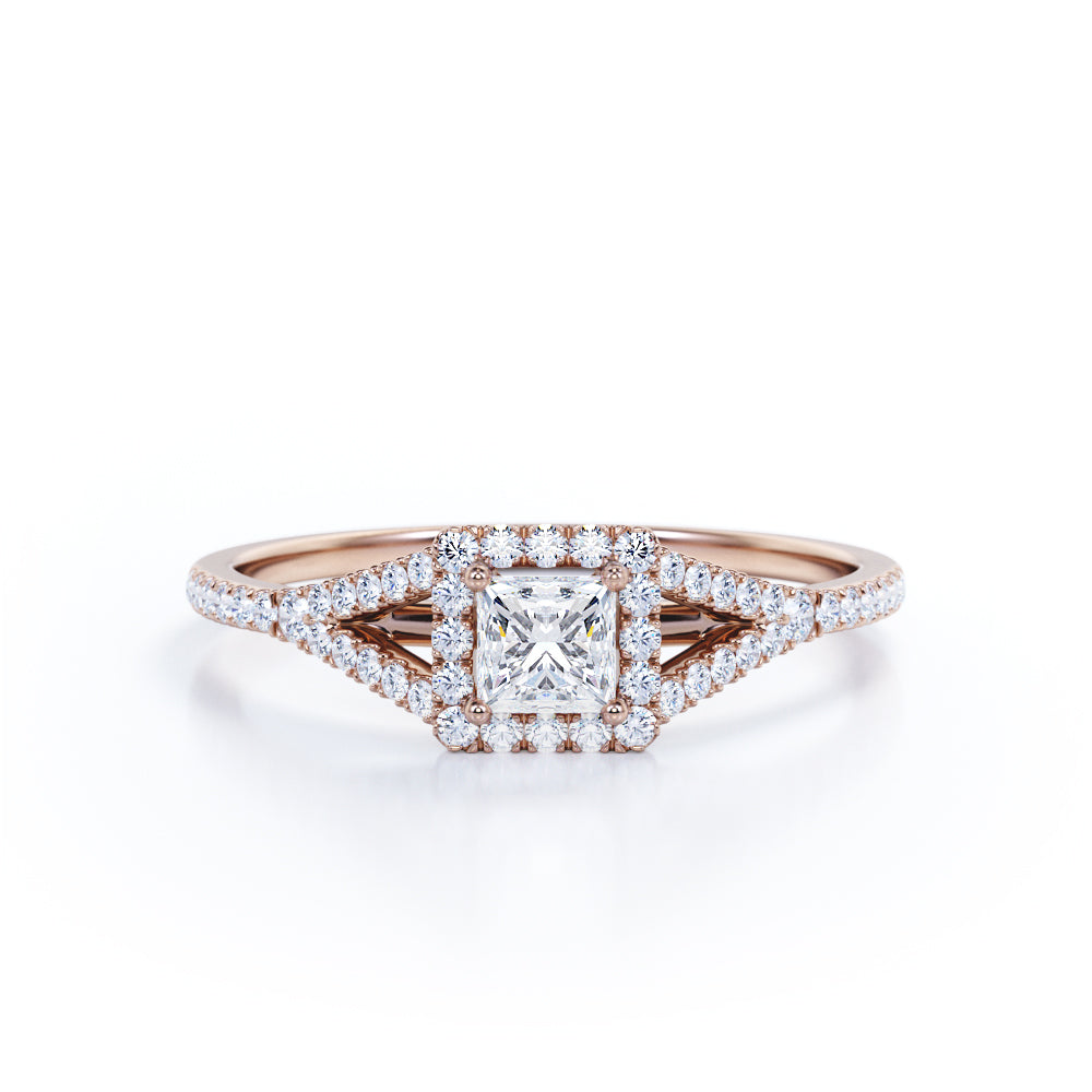 Halo Split shank 0.75 carat Princess cut Moissanite and diamond engagement ring in Rose gold