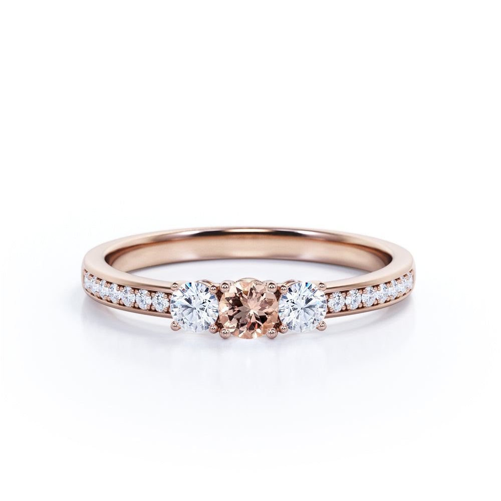 Classic three stone 0.75 carat Round cut Pink Morganite and diamond art deco channel engagement ring for her in Rose gold