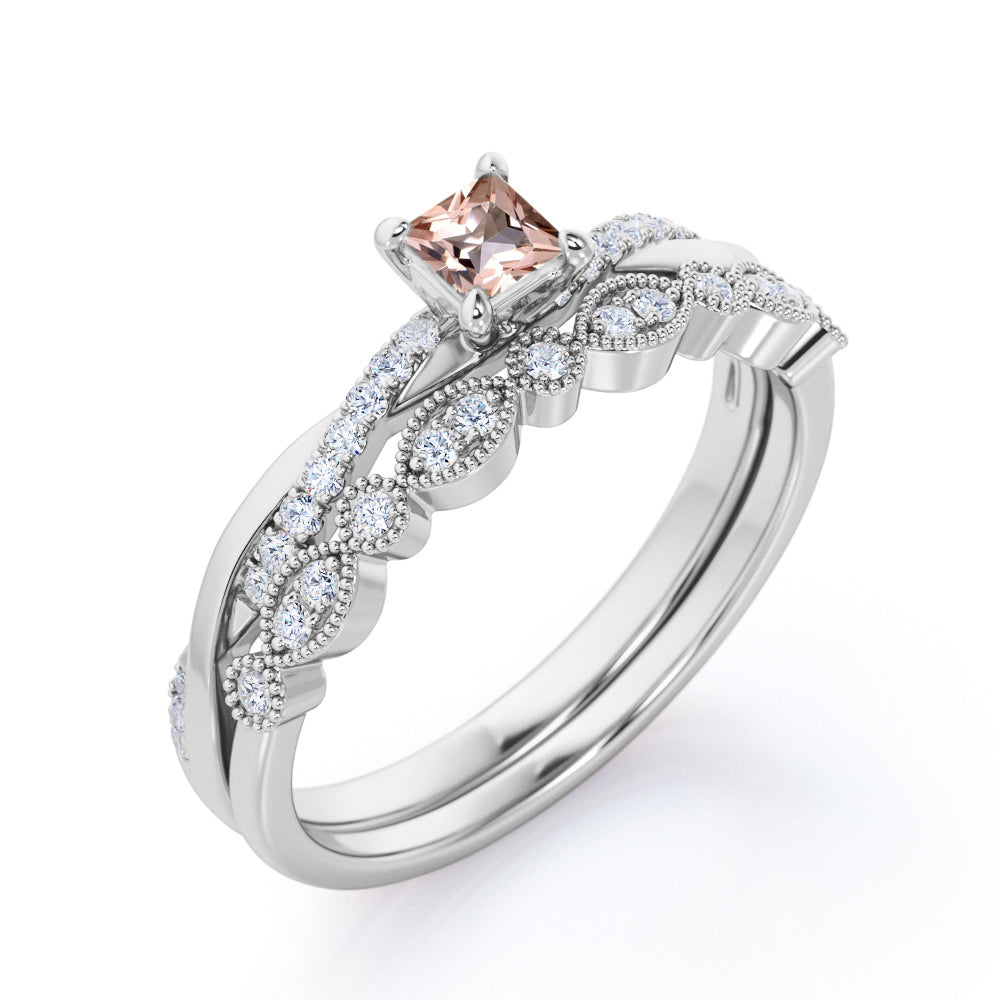 Intertwined vintage 1 carat Princess cut Morganite and diamond Milgrain and infinity wedding ring set in White gold