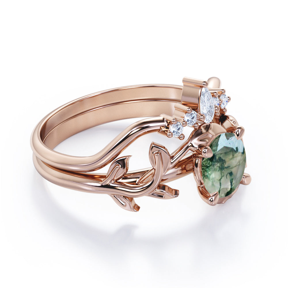 Earthy Tiara style 1.2 carat Round cut Moss Green Agate and diamond nature inspired wedding ring set in Rose gold