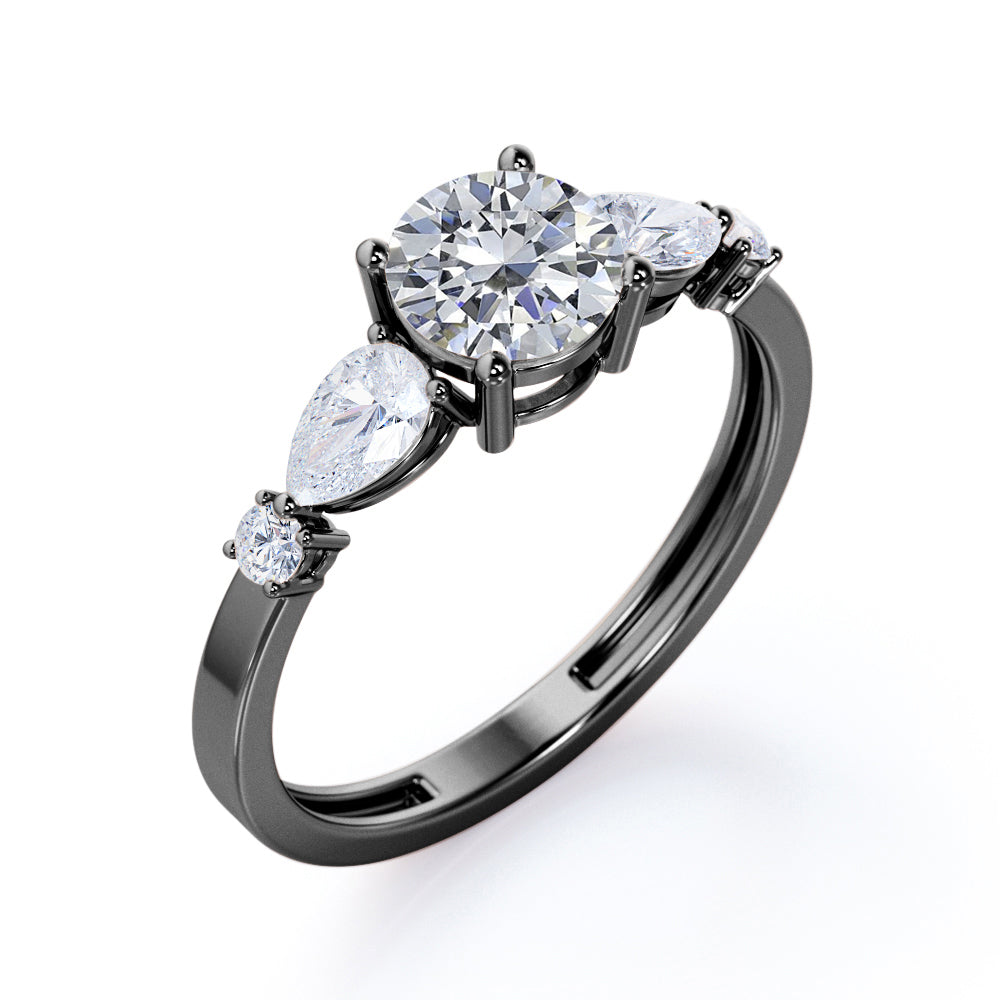 Classic art deco 1.15 carat Round cut Moissanite and diamond 4 prong engagement ring in Black gold