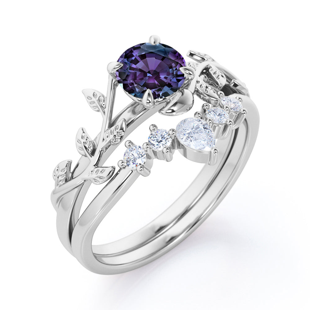 Floral Tiara 1.2 carat Round cut Lab created Alexandrite and diamond claw prong engagement ring in White gold