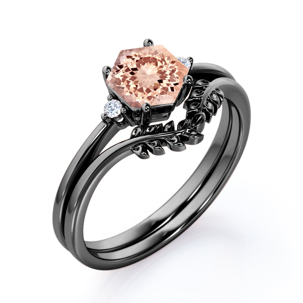 Quadrilateral Chevron 0.55 carat Hexagon Morganite and diamond floral contoured wedding ring set in Black gold