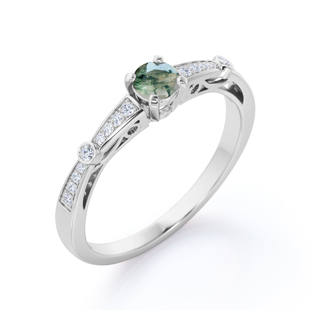 Baguette shank style 0.75 carat Round cut Moss Green Agate and diamond art deco engagement ring in White gold