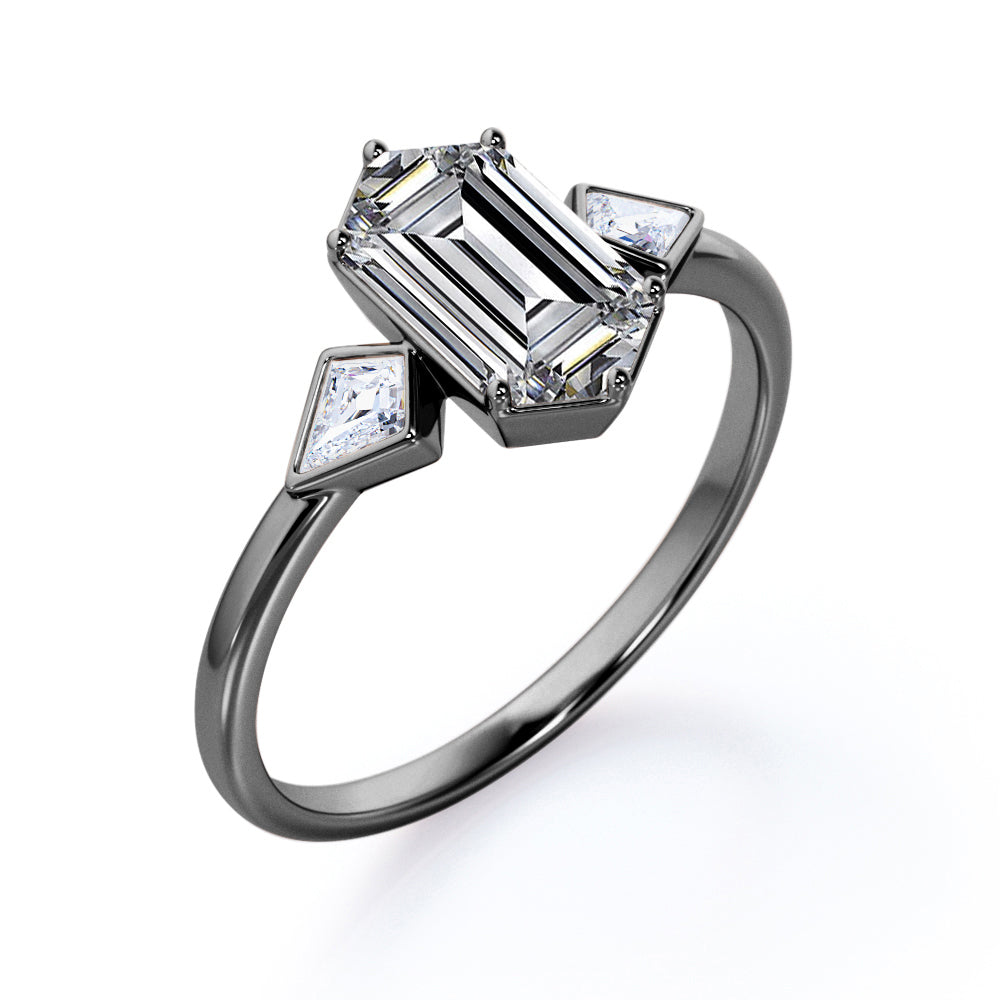 Asymmetric three stone 1.2 carat Hexagon cut Moissanite and Kite diamonds engagement ring in Black gold