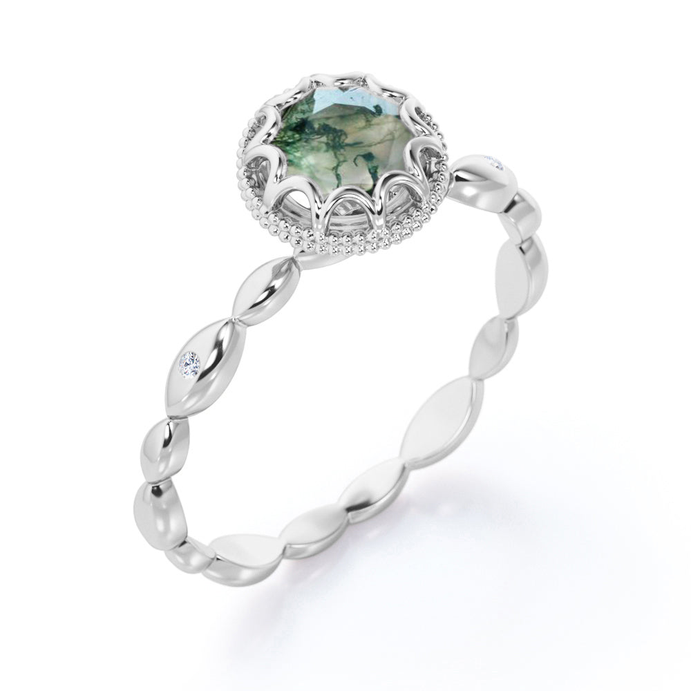 Exquisite infinity rope design 1 carat Round cut Moss Green Agate Scalloped halo engagement ring in White gold