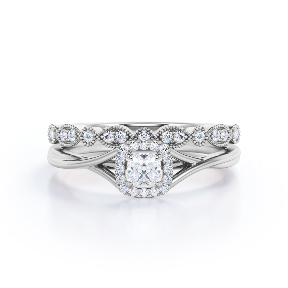Twisted split shank 0.8 carat Cushion cut Moissanite and diamond milgrain bridal set in White gold