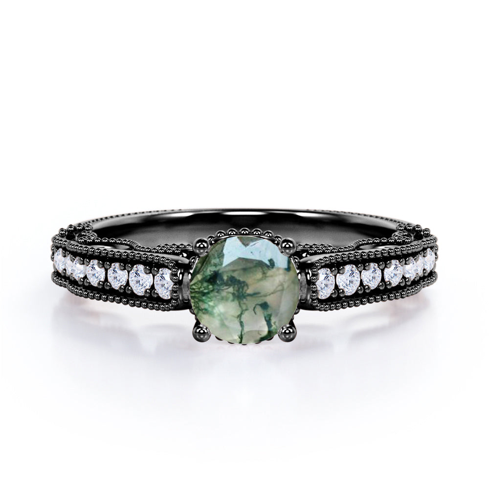 Victorian inspired filigree 1.25 carat Round cut Moss Green Agate and diamond milgrain engagement ring in Black gold