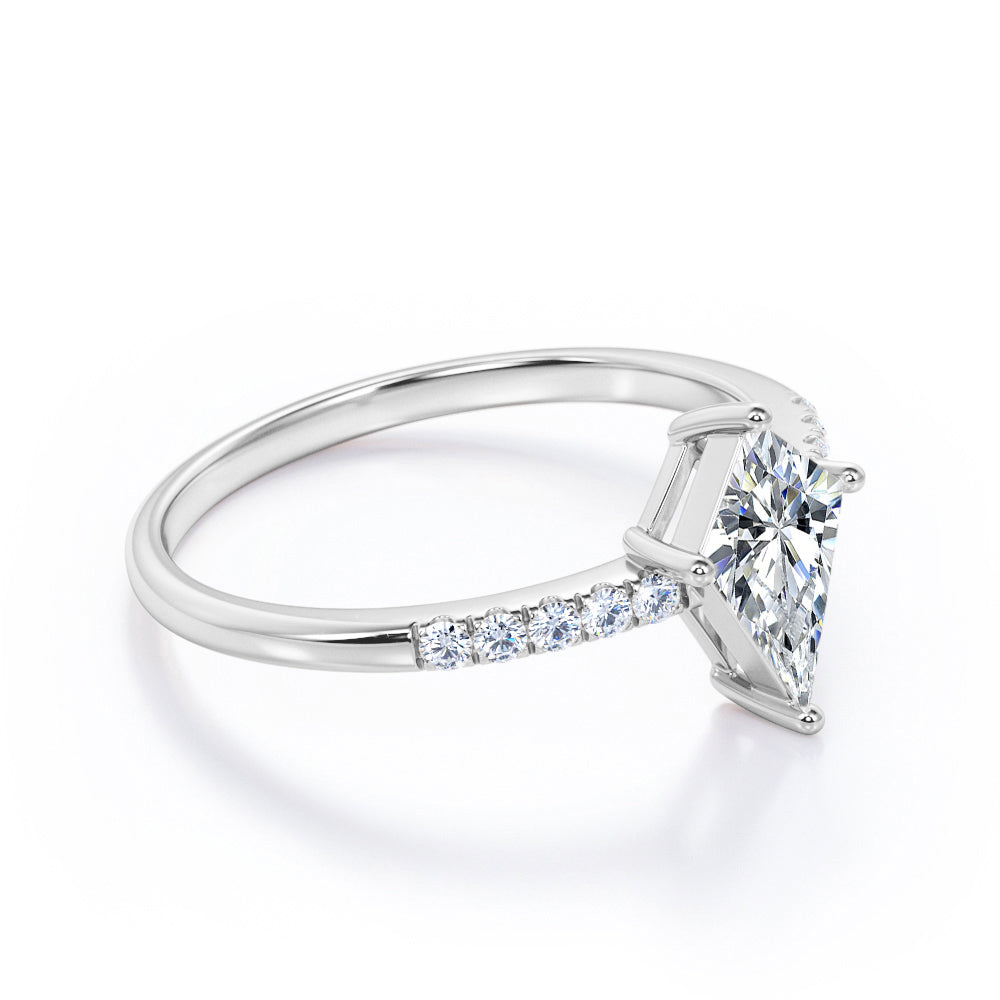 Pave style 1.1 carat Kite shaped Moissanite and diamond classic style engagement ring in white gold