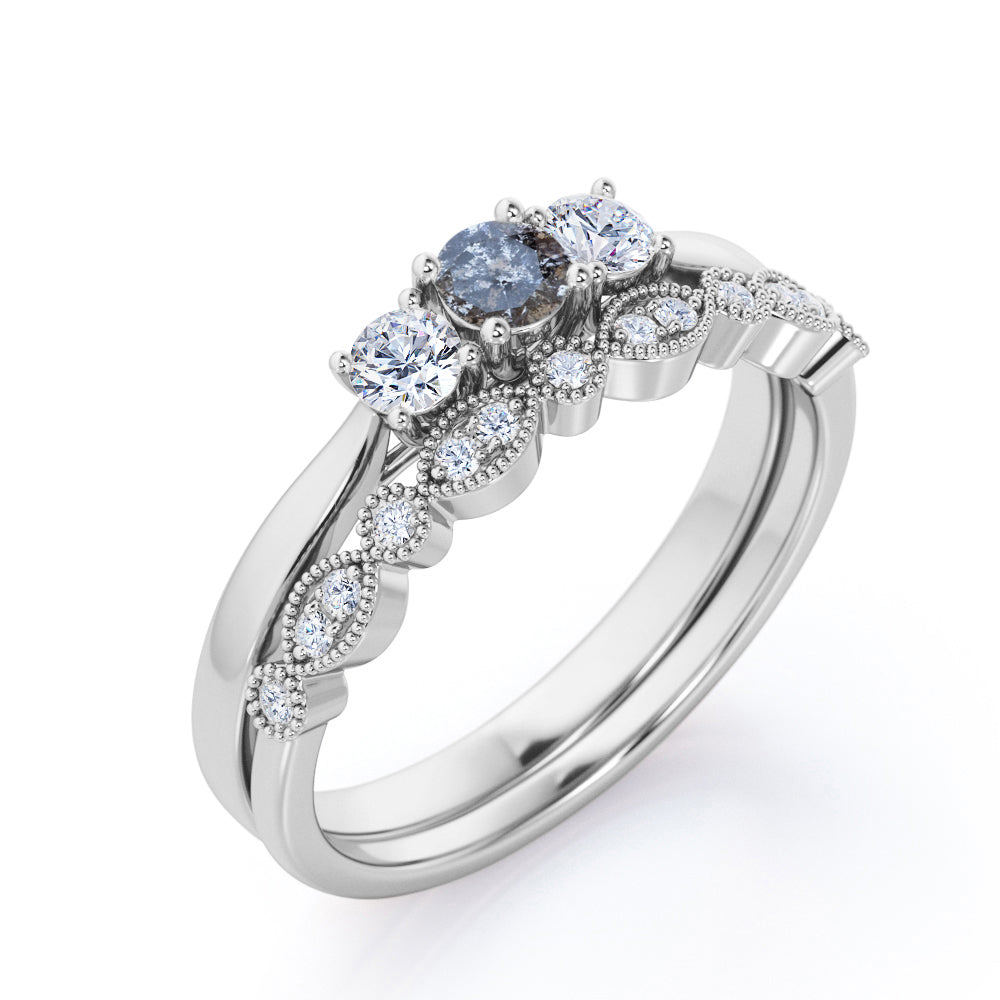 Three stone Milgrain 0.75 carat Round cut salt and pepper diamond and white diamond wedding ring set for women in white gold