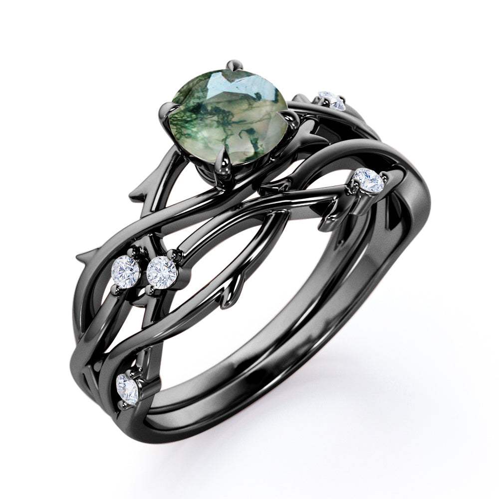 Dainty twig Branch 1.1 carat Round cut Moss Green Agate and diamond floral style wedding ring set in Black gold