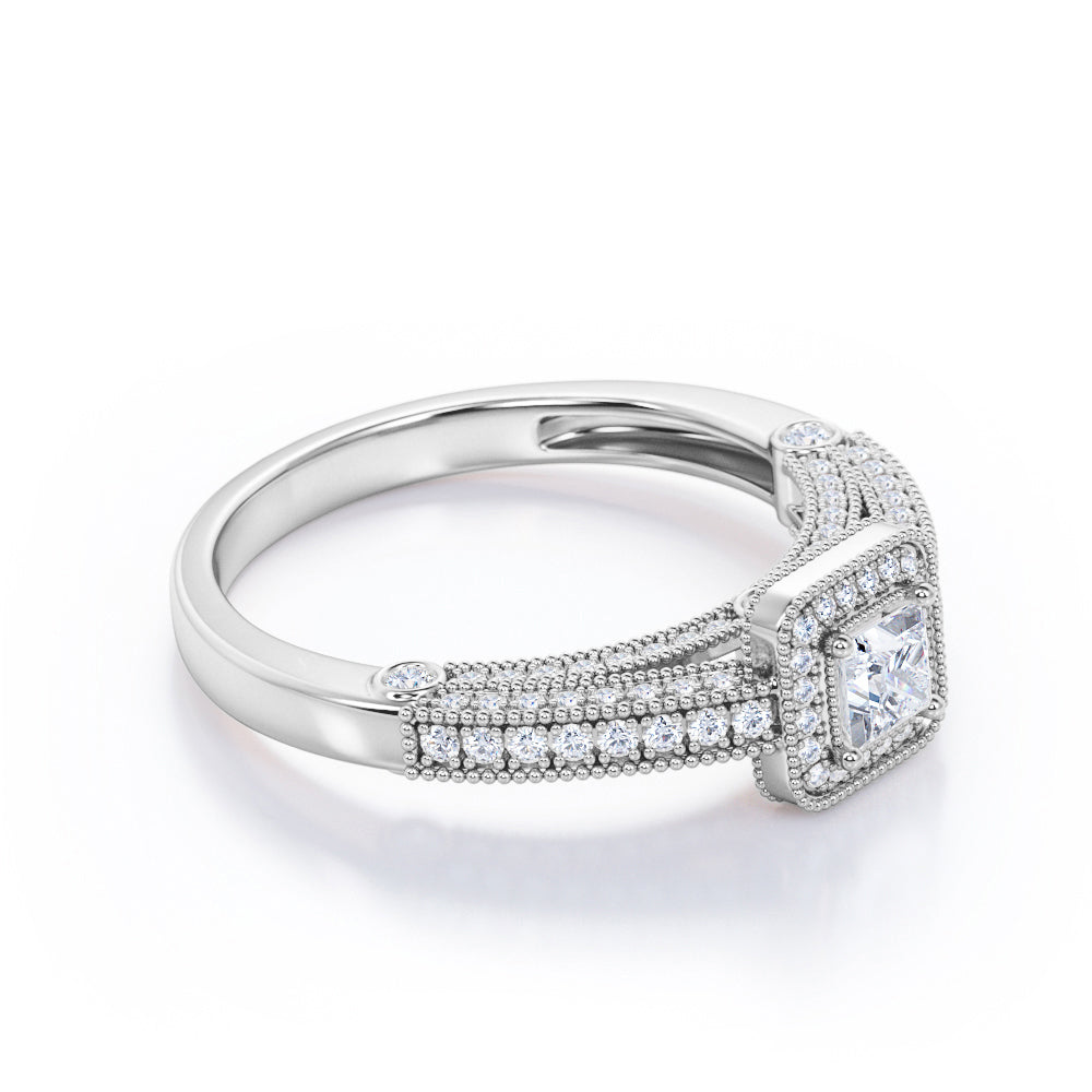 Classic Beaded 1 carat Princess cut Moissanite and diamond vintage style engagement ring in White gold