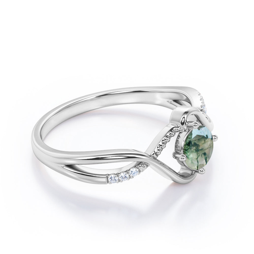 Infinity shank 1.15 carat Round cut Moss Green Agate and diamond milgrain engagement ring in White gold