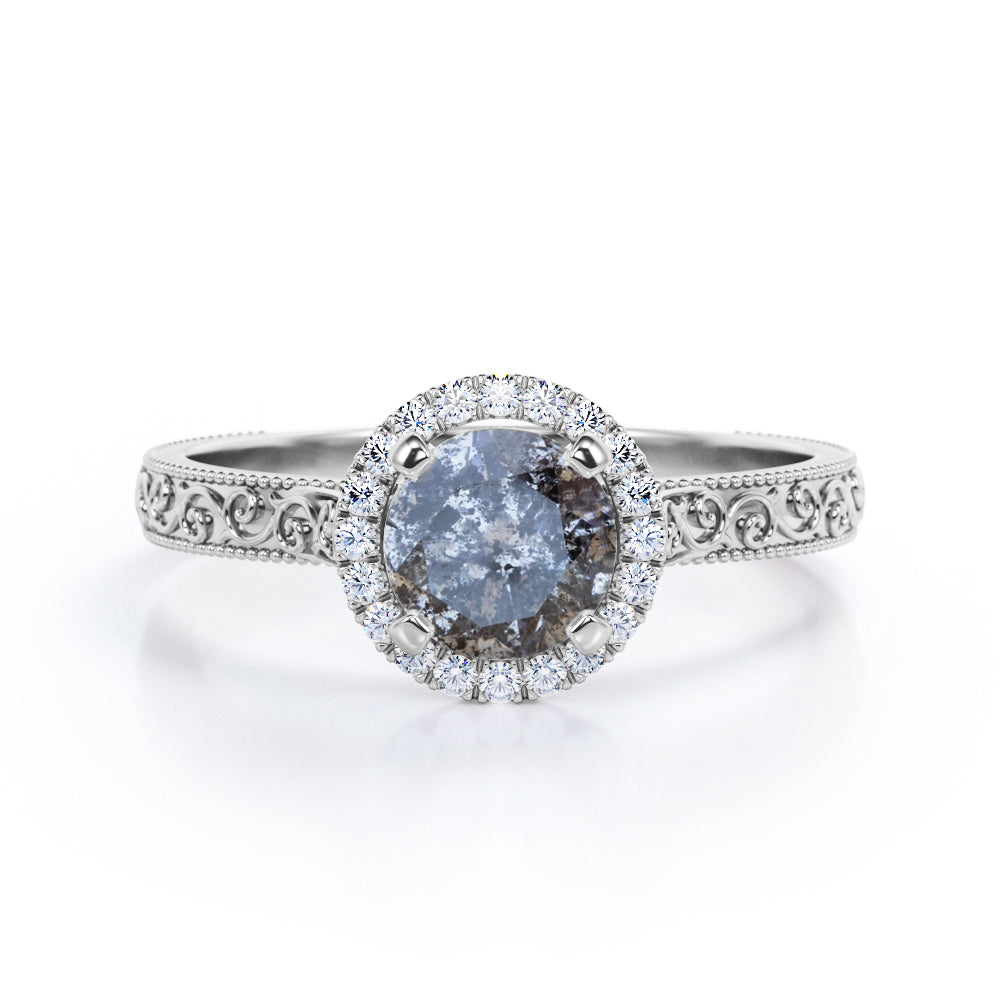 Floral filigree 0.65 carat Round cut Salt and pepper diamond and White diamond unique halo engagement ring in white gold