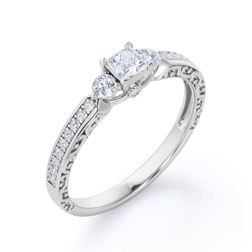 Bridge accent setting 0.75 carat Princess cut Moissanite and diamonds three stone engagement ring in White gold