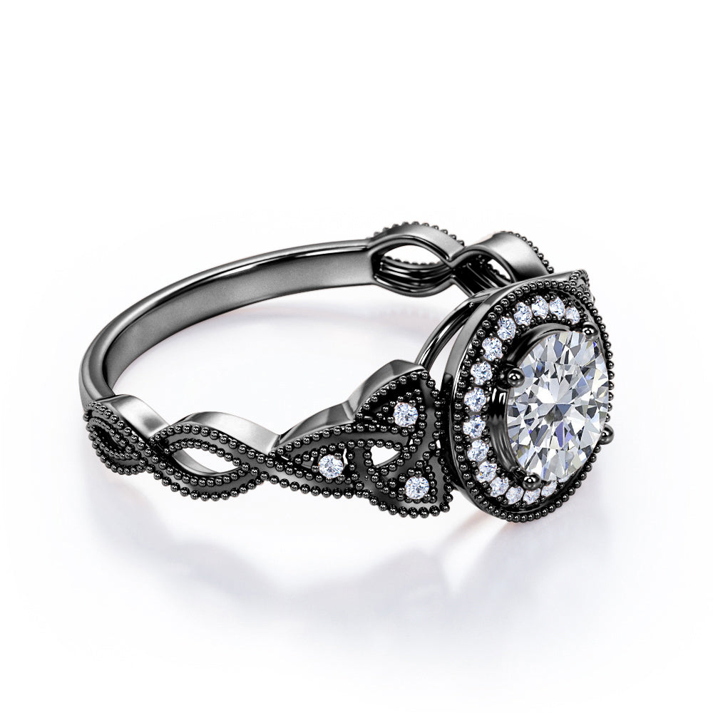 Twisted infinity 1.5 carat Round cut Moissanite and diamond vintage halo engagement ring in Black gold