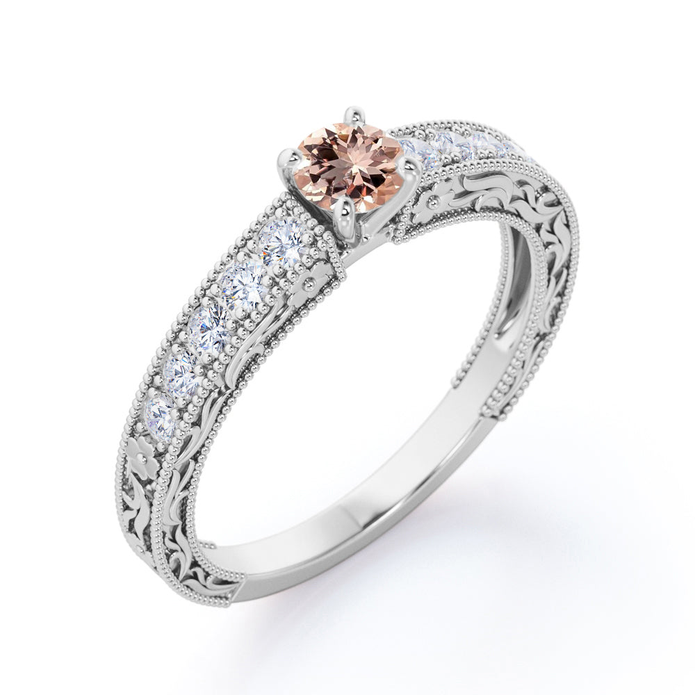 Art Nouveau style 0.75 carat Round cut Peach Morganite and diamond shared prong engagement ring in White gold