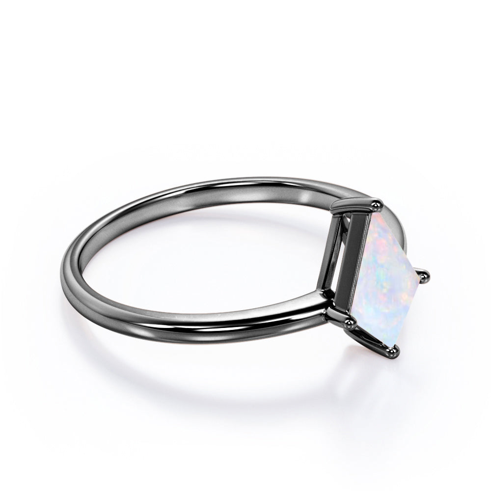 Classic 4 prong 1 carat Kite cut Ethiopian Opal solitaire engagement ring in Black gold
