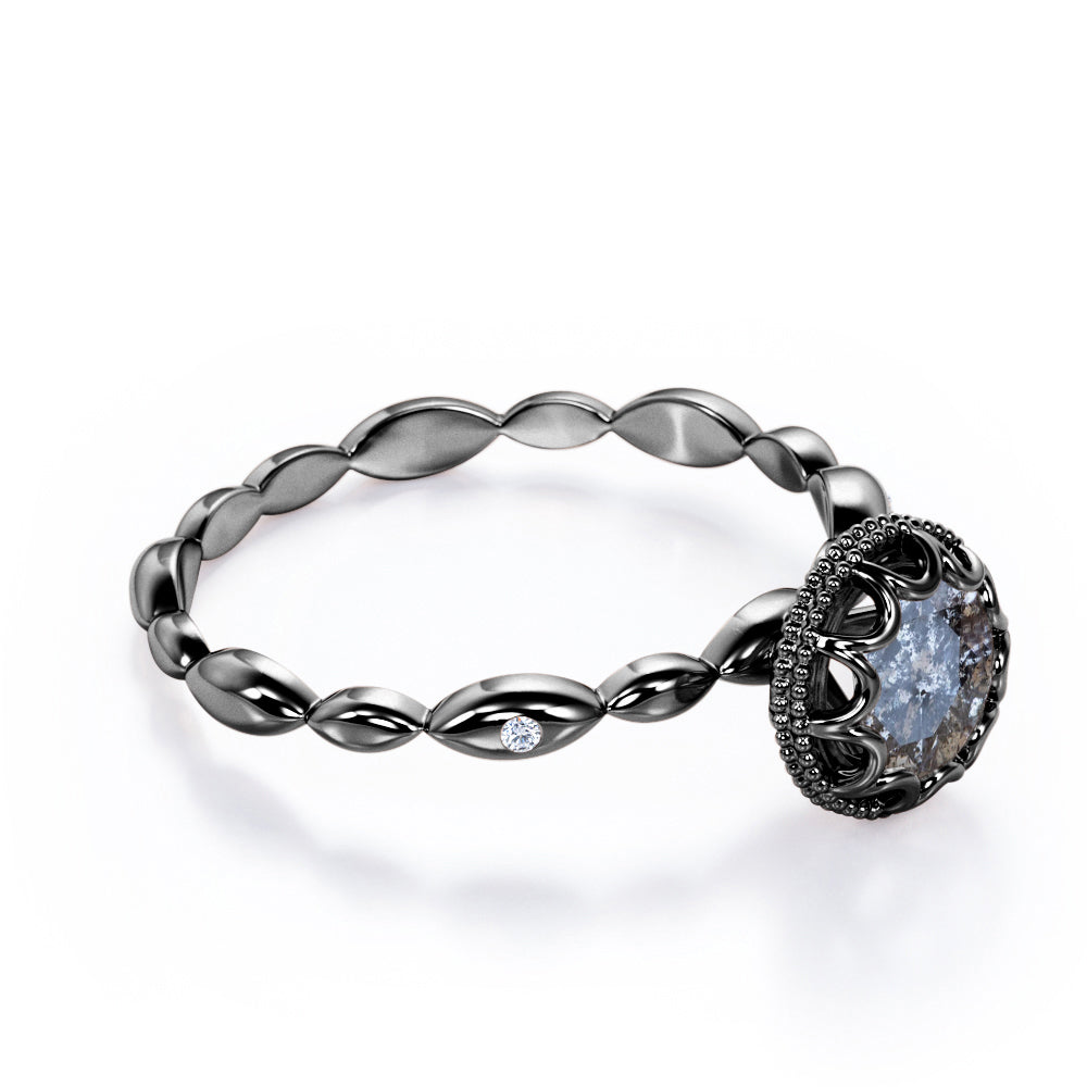 Scalloped Bead décor 0.5 carat Round cut Salt and pepper diamond marquise style engagement ring in Black gold