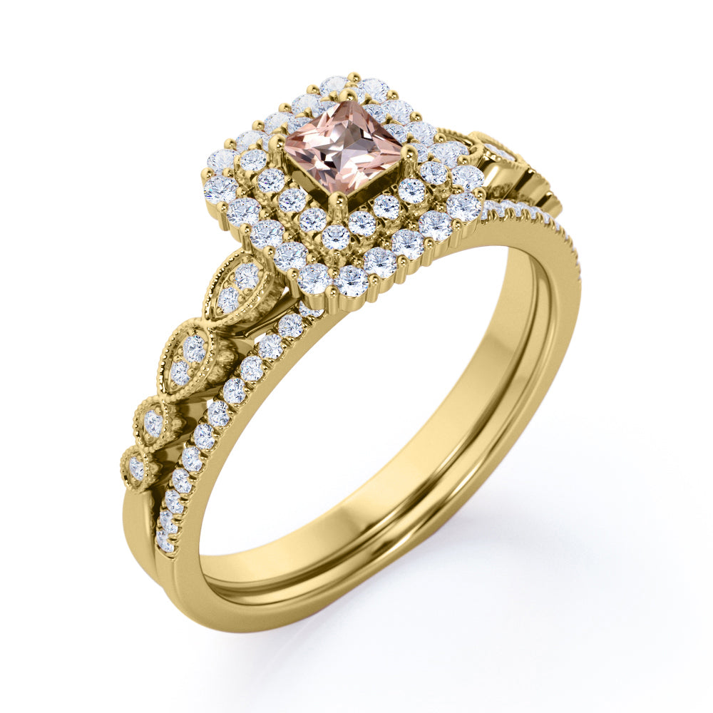 Intricate Double Halo 1.5 carat Princess cut Morganite and diamond Milgrain pave engagement ring set for women in yellow gold