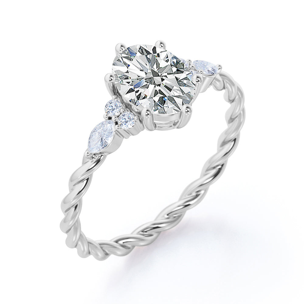 Twisted Rope style 1 carat Oval shaped Moissanite and diamonds 6 prong engagement ring White gold