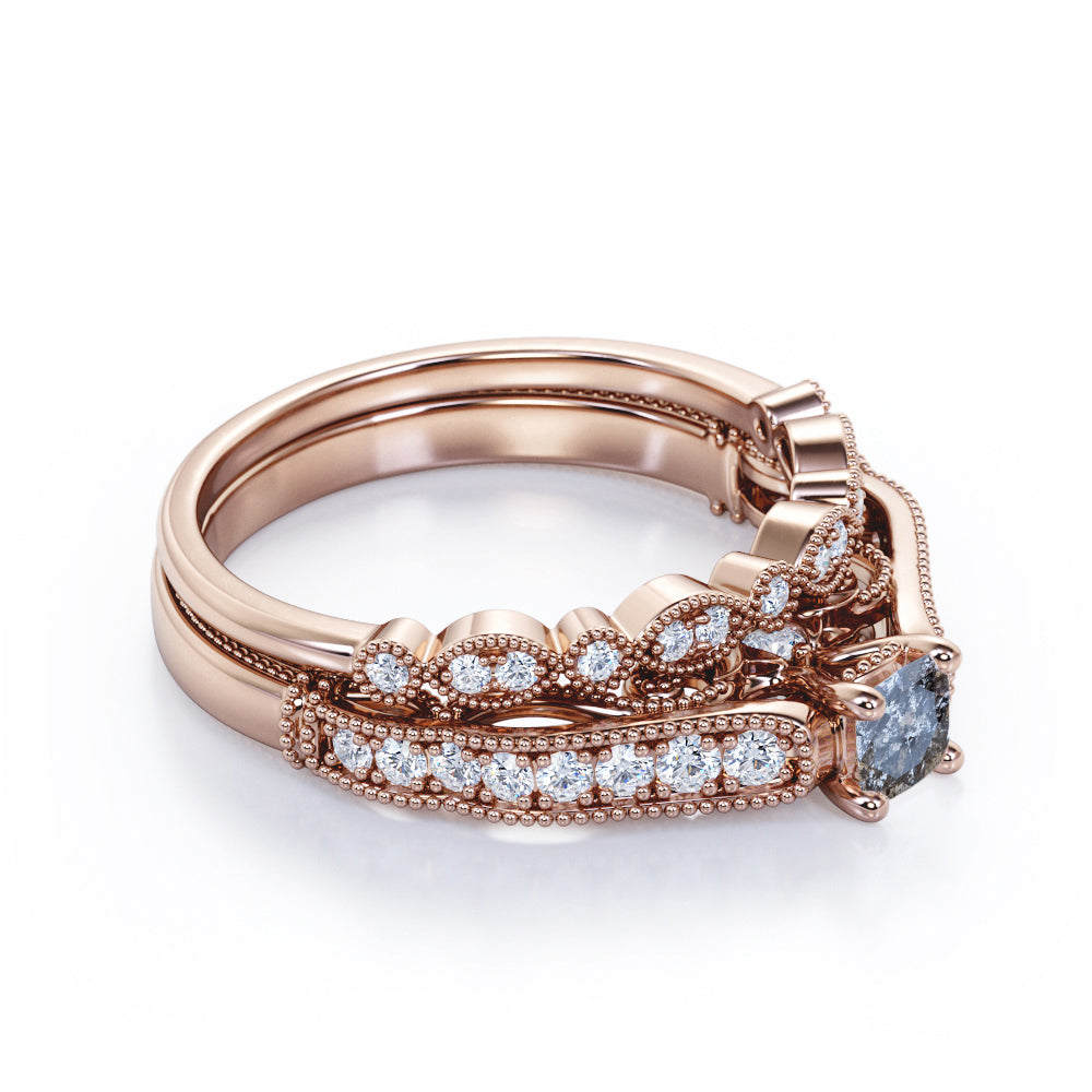 Exquisite Bead décor 0.8 carat Round cut Salt and pepper diamond and white diamond art deco bridal set for her in rose gold