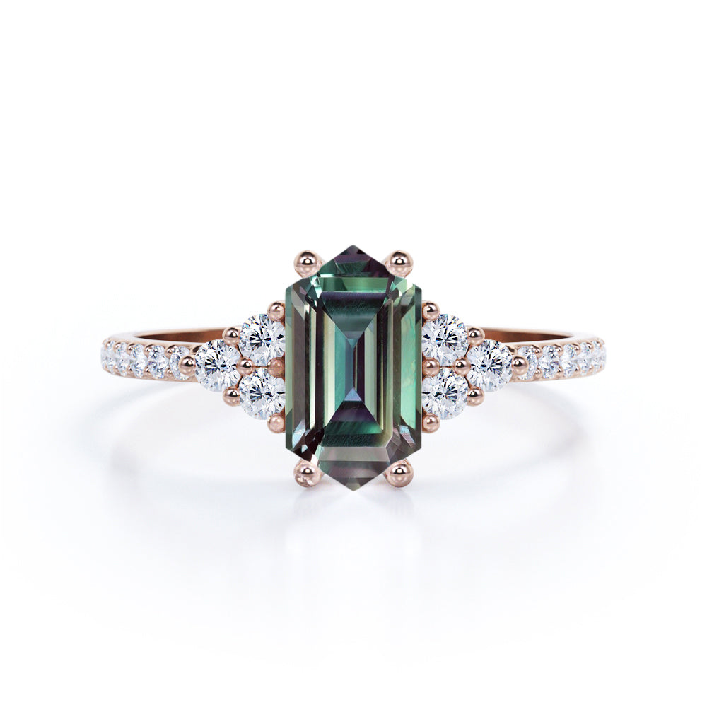 Eternity Pave 1.5 carat Hexagon cut Alexandrite and diamond vintage inspired engagement ring in Rose gold