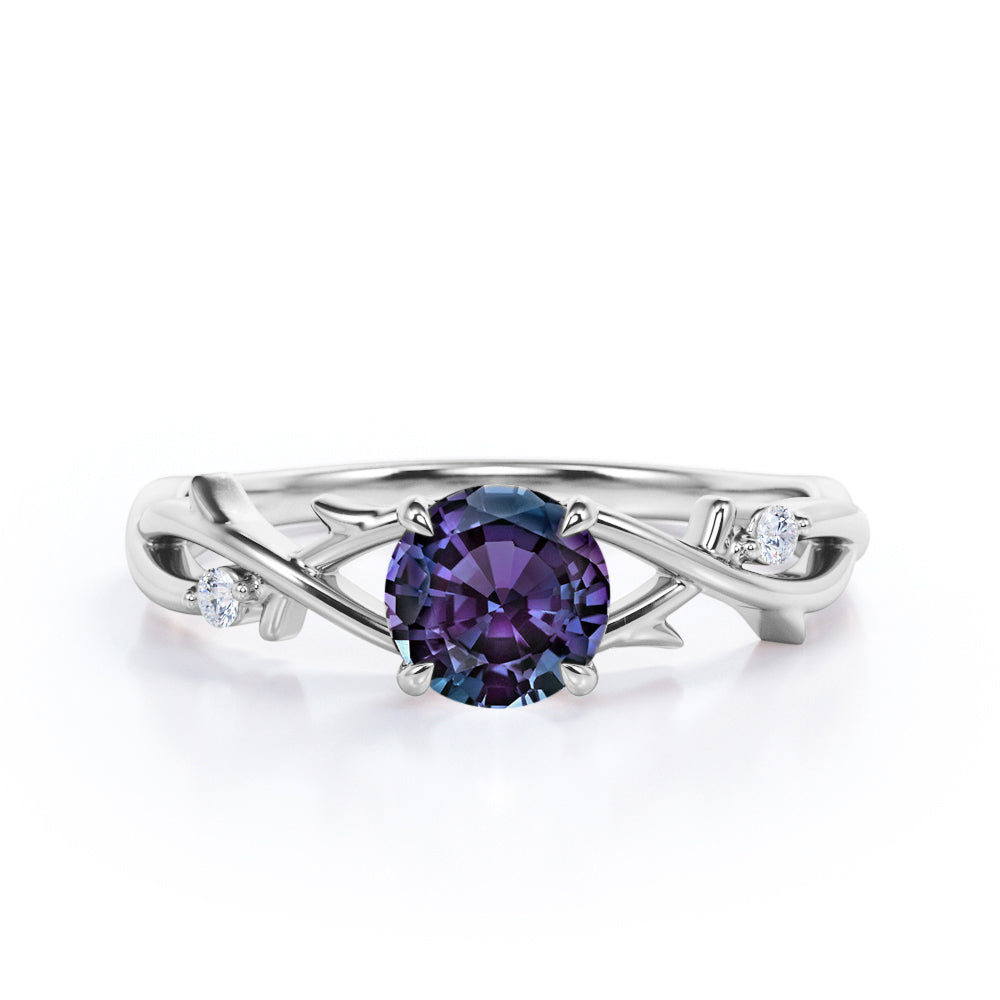Four Claw Prong 1 carat Round cut Alexandrite and diamond earthy engagement ring in White gold