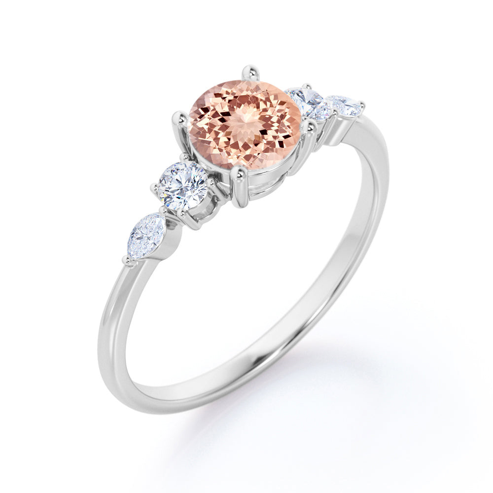 Traditional 1.1 carat Round cut Morganite and diamond five stone engagement ring in White gold
